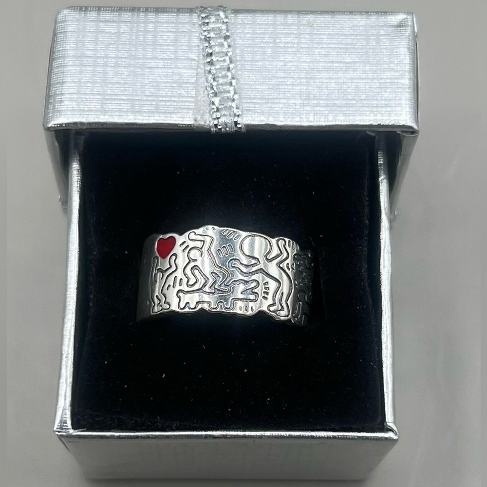 Silver Tone Abstract Pattern Ring with Red Heart Accent